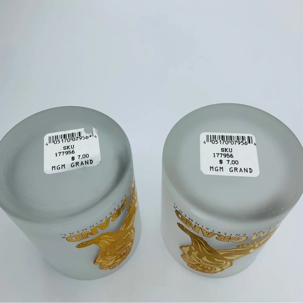 Vtg Las Vegas MGM Grand Casino Hotel Frosted Whiskey Lowball Glasses Gold Lions